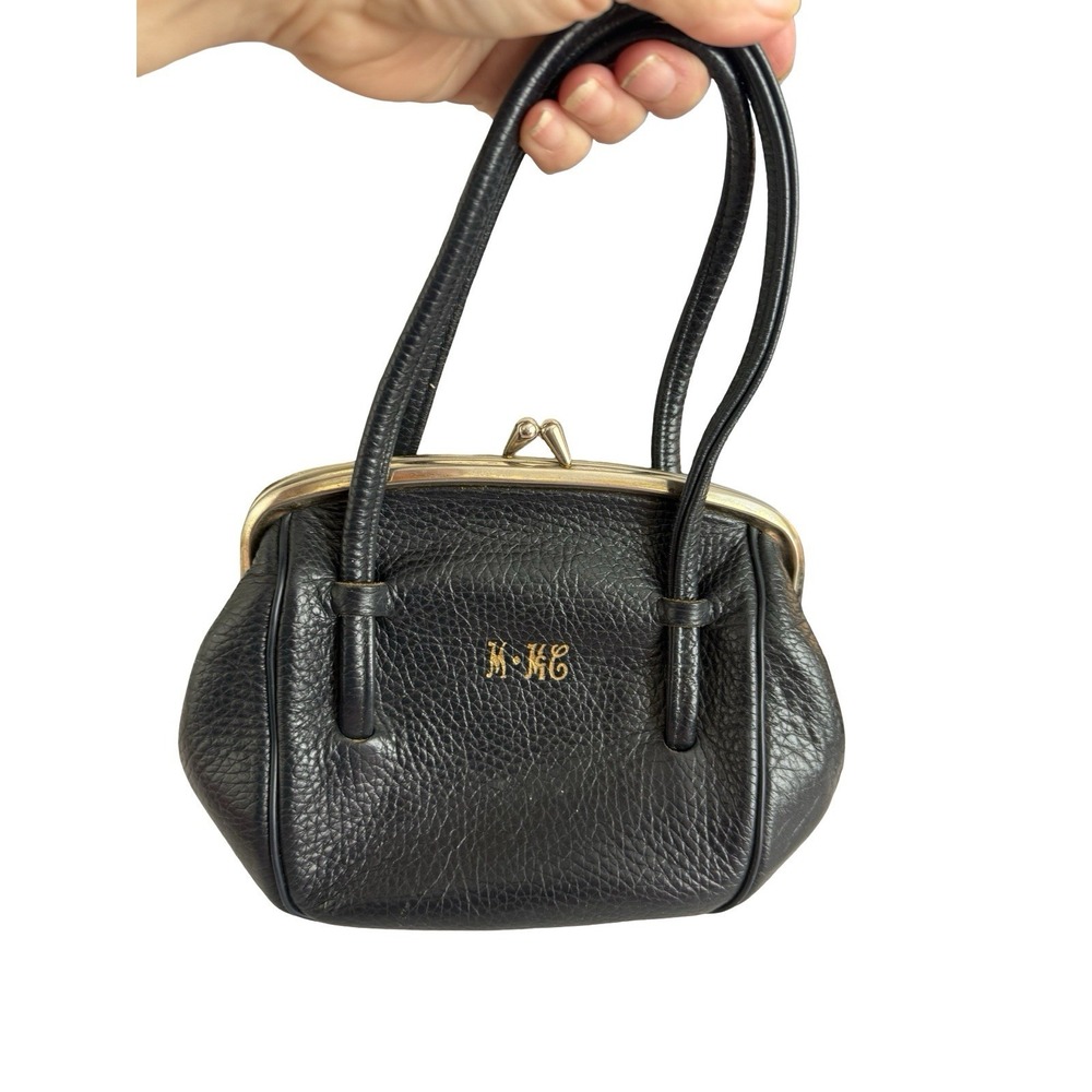 vintage Navy Leather Kiss Lock Frame Bag Top Handle Granny Chic Purse